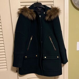 J. Crew Dark Green Stadium Cloth parka with detachable Fur  Trim
